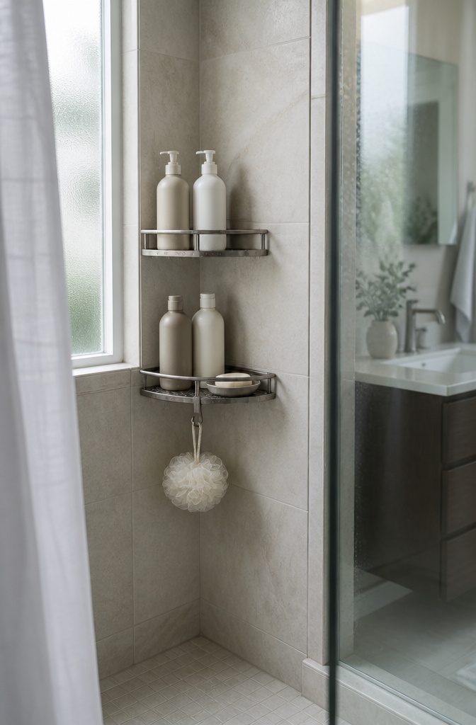 15 Ways to Organize a Small Bathroom Without Wasting Space 11 Shower caddy holding shampoo conditioner and body wash beside tiled walls