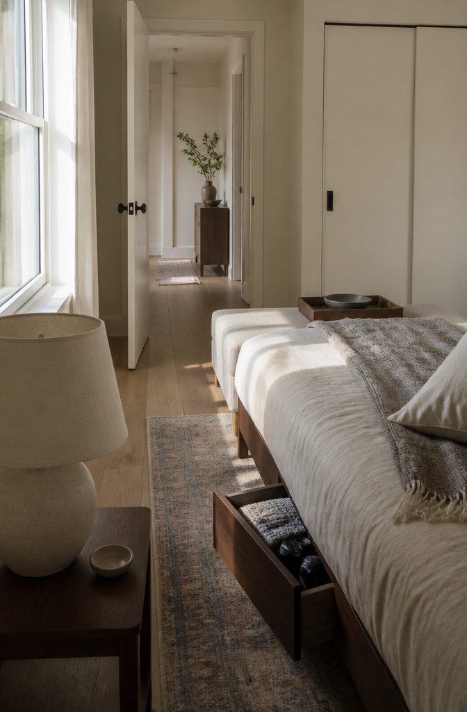15 Ways to Decorate Small Apartments That Feel Open 4 Bedroom with under-bed drawers and a lidded ottoman at the foot of the bed
