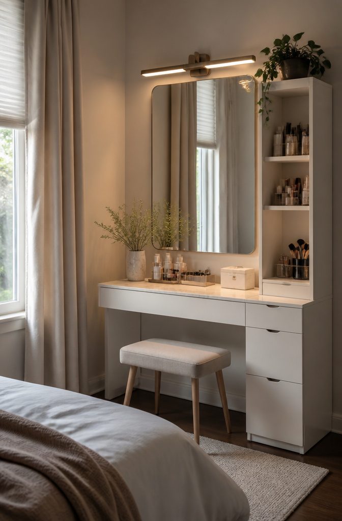 Vanity featuring adjustable lighting above a smooth surface.