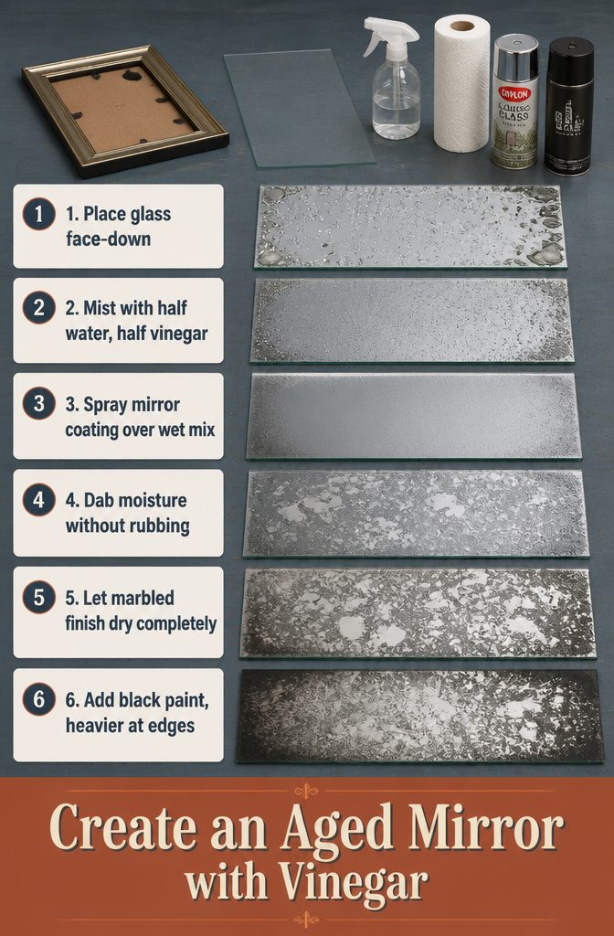 Glass with irregular clear spots in a mottled mirror finish