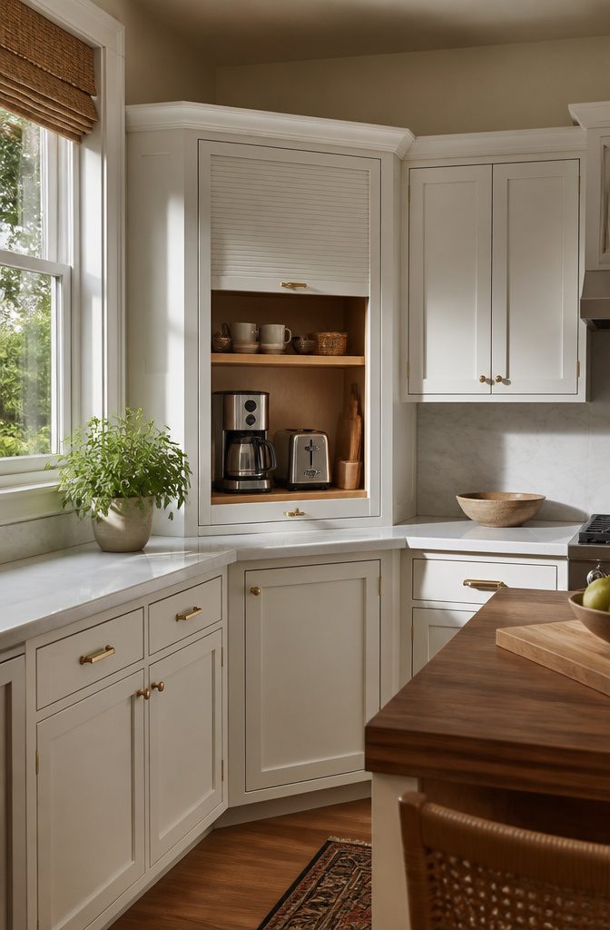 11 End Corner Kitchen Cabinet Ideas That Maximize Space 10 An appliance garage with a sliding door revealing a coffee maker and toaster.