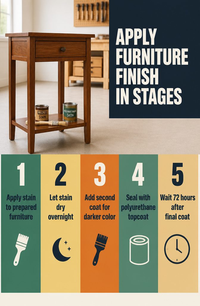 How to Restore Furniture: 6 Steps to Refinish Any Piece 6 Wood samples at finish stages with brush, finish containers, and sandpaper