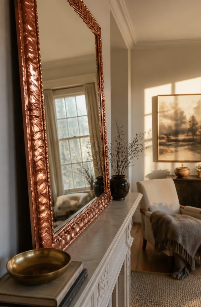 17 Ways to Decorate a Mirror Frame (Materials & Methods) 10 Carved mirror frame covered in copper leaf leaning on a mantel