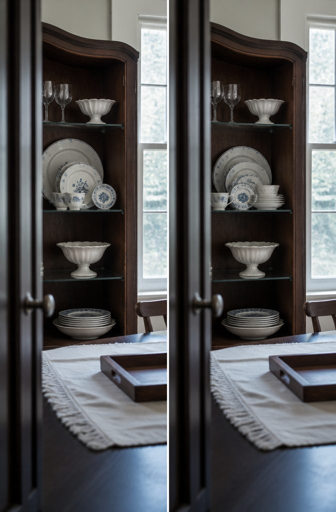 Large upright plates behind smaller dishes on a china cabinet shelf