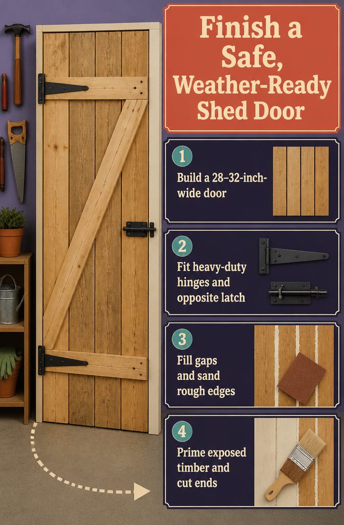 How to Build a Garden Shed from Pallets: 7 Steps 7 Pallet board shed door with heavy-duty hinges and a latch