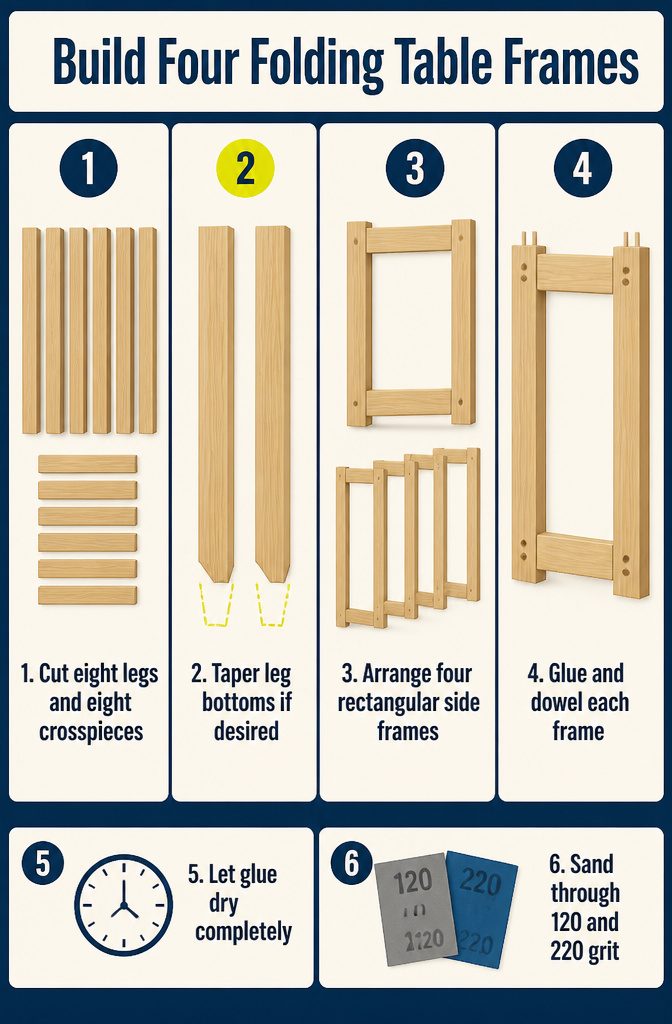 Four wooden table frames made from paired legs and horizontal crosspieces