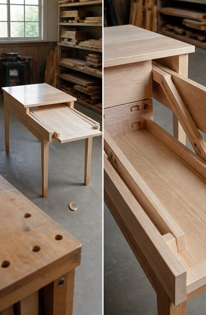 Pull-out table with raised rear panel and side frames swung outward