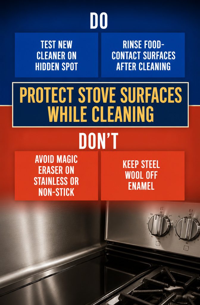 How to Get Rid of Grease on Stove in 5 Steps 10 Information graphic about protecting stove surfaces from scratches and cleaner residue