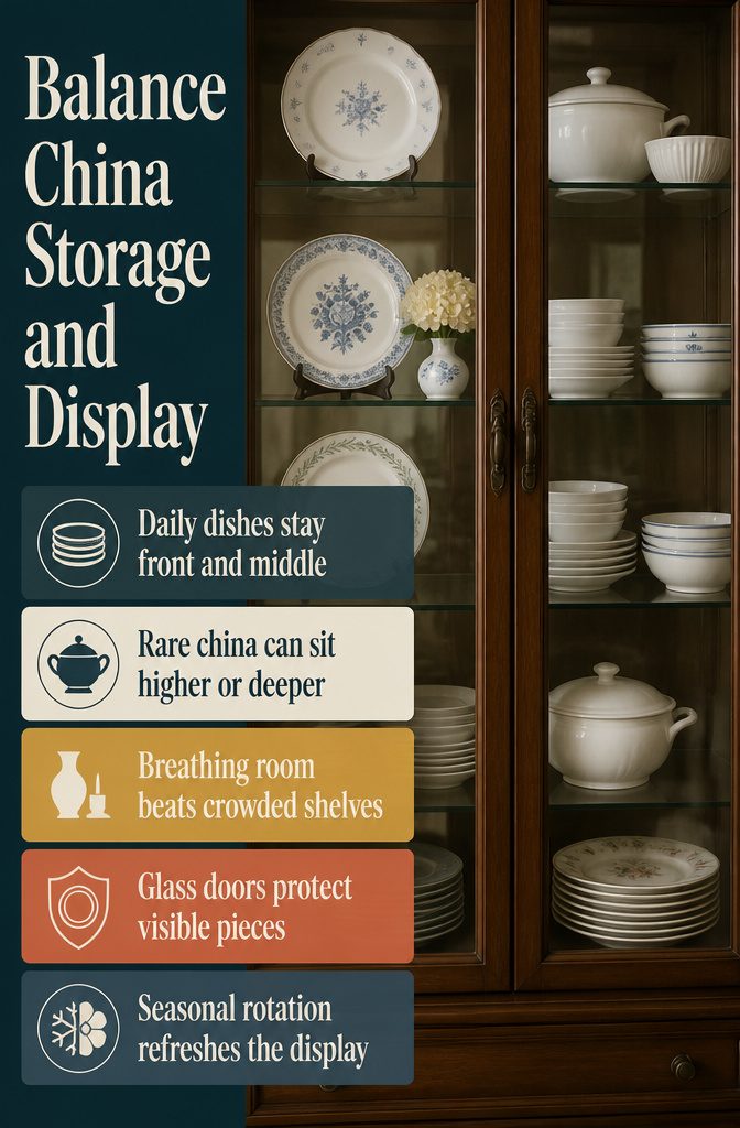 Accessible dish stacks and a small vase arranged inside a china cabinet
