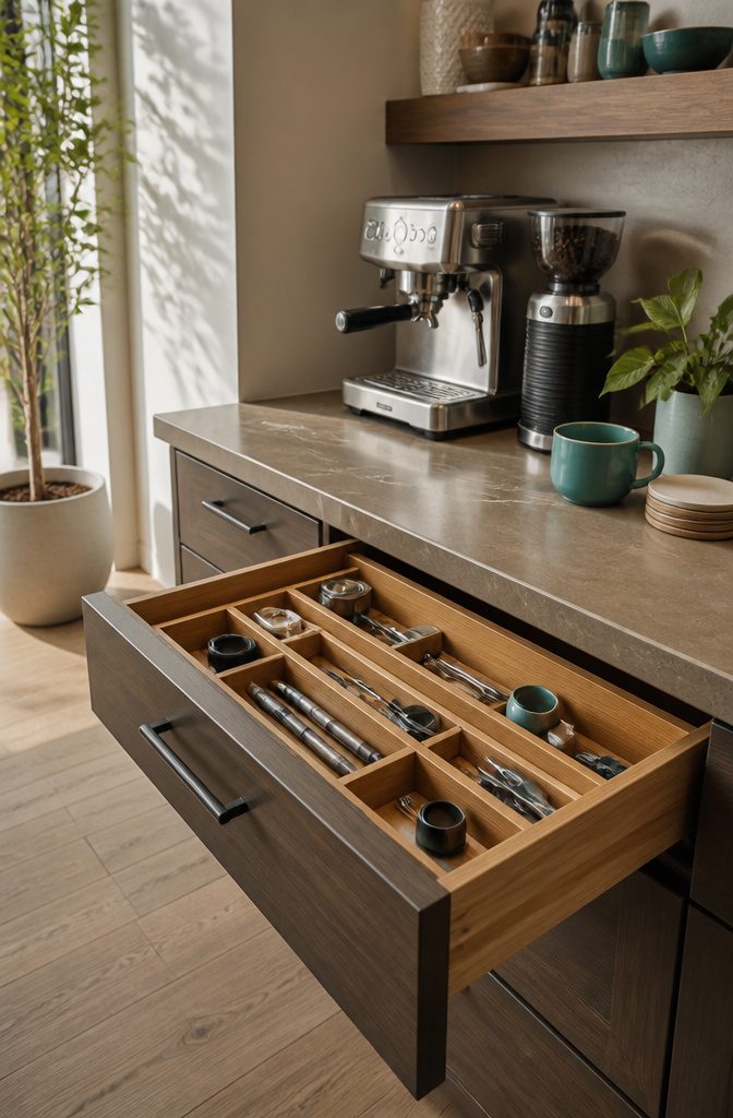 Drawer Organizer Ideas: 7 Storage Types That Actually Fit 6 Bamboo dividers arranged in a drawer holding various kitchen items.