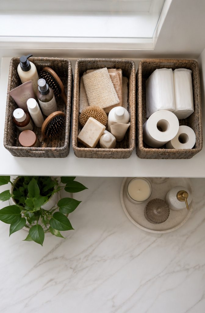 10 Tiny Bathroom Storage Ideas to Maximize Every Inch in 2026 10 Woven baskets arranged on shelves, holding various bathroom products.