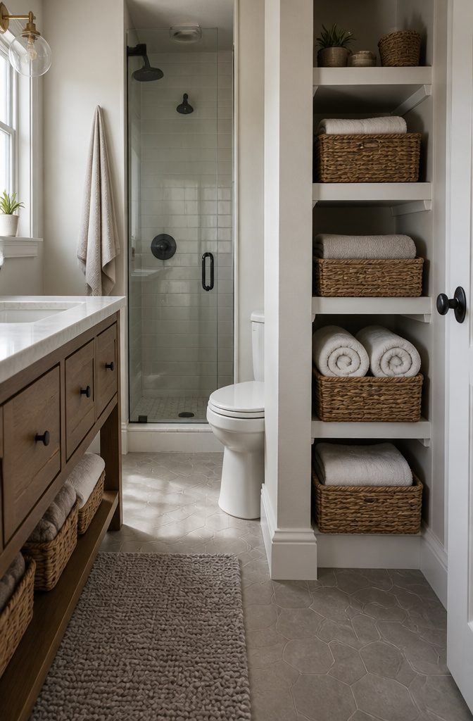 Rolled towels inside a seagrass basket on a bathroom floor