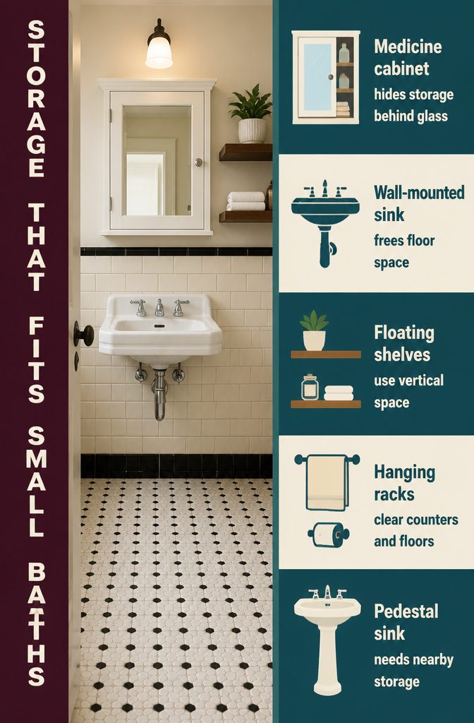 Small bathroom with mirrored medicine cabinet, wall-mounted sink and towel basket