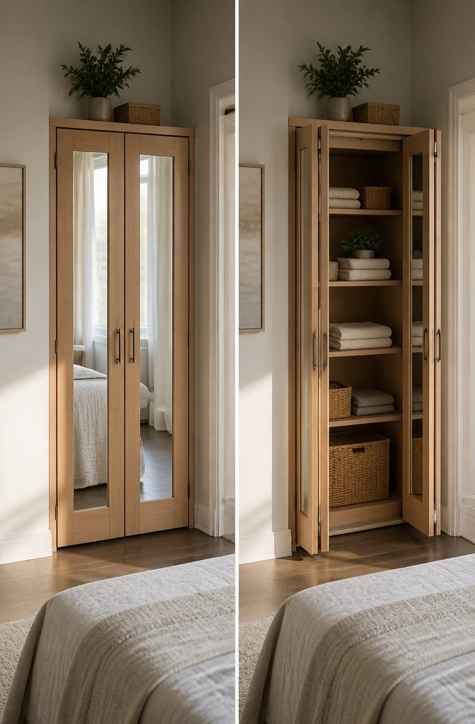 10 Bedroom Cabinet Ideas to Organize and Complete a Room in 2026 8 A bi-fold door cabinet with panels folding back in a bedroom.