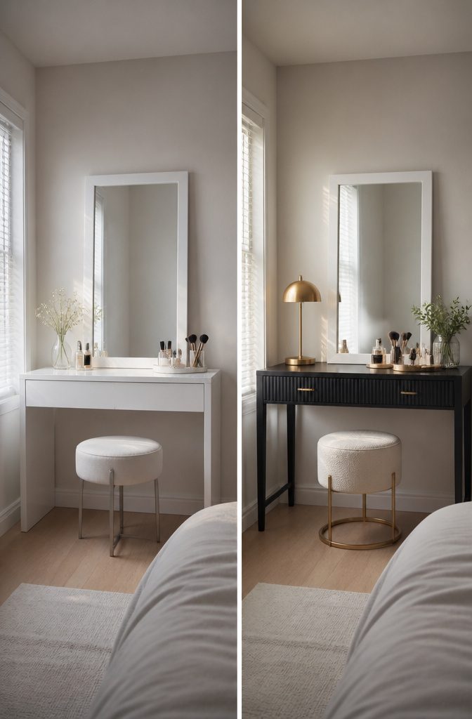 High-contrast black and white vanity setup in a small bedroom.