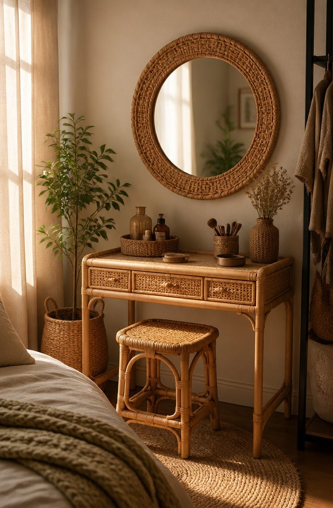 Bohemian style vanity made of rattan with a round mirror.