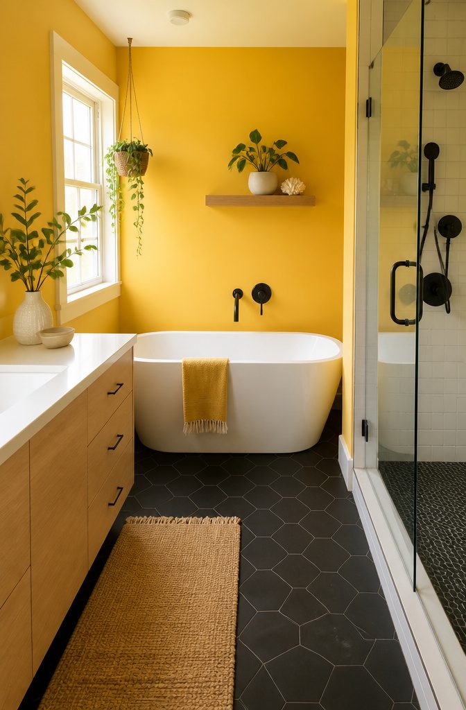 10 Cute Bathroom Ideas for Colorful, Playful Spaces (2026) 9 Bathroom with warm yellow walls and black floor tiles.