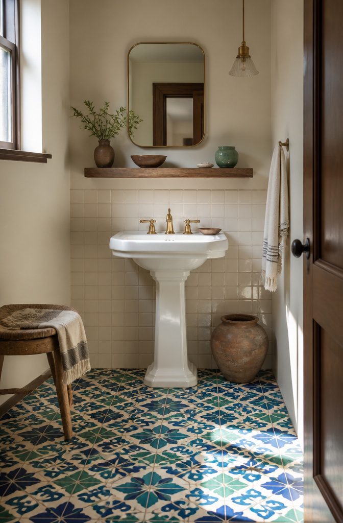 Vibrant cement tiles in a bathroom with a pedestal sink.