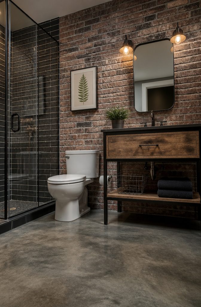 Brick tiles on the bathroom walls.