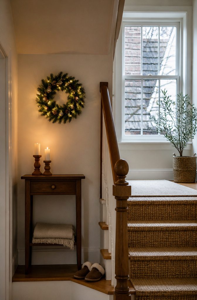 18 Ways to Decorate a House for Christmas 13 Stair landing with a small wreath and candles in wooden holders