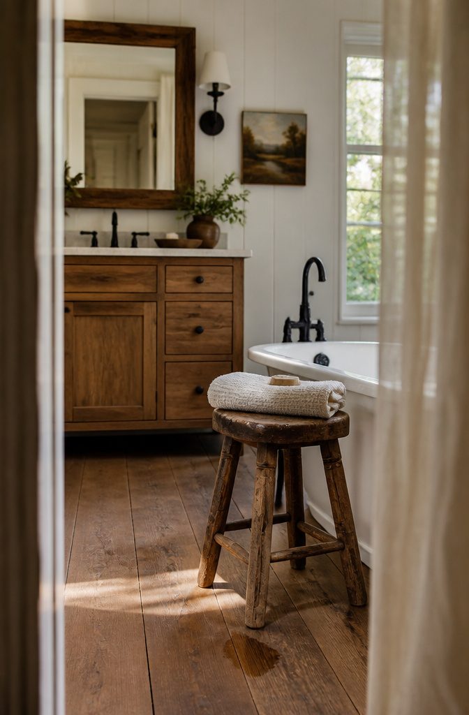 Farmhouse bathroom with a vintage chair and antique mirror