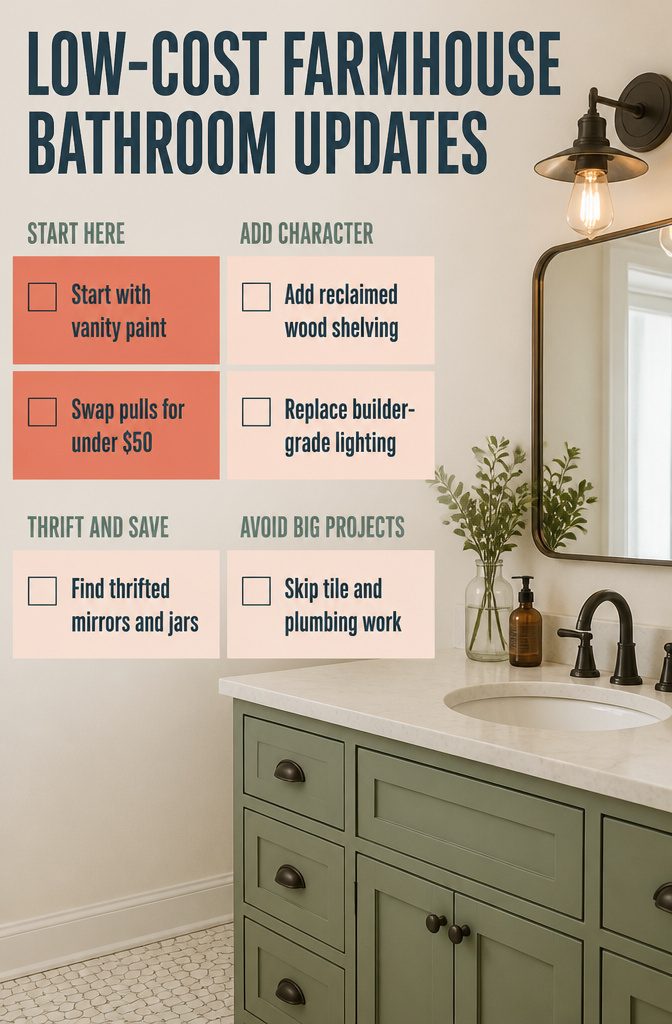 Bathroom update graphic with paint swatches hardware shelves and light fixtures