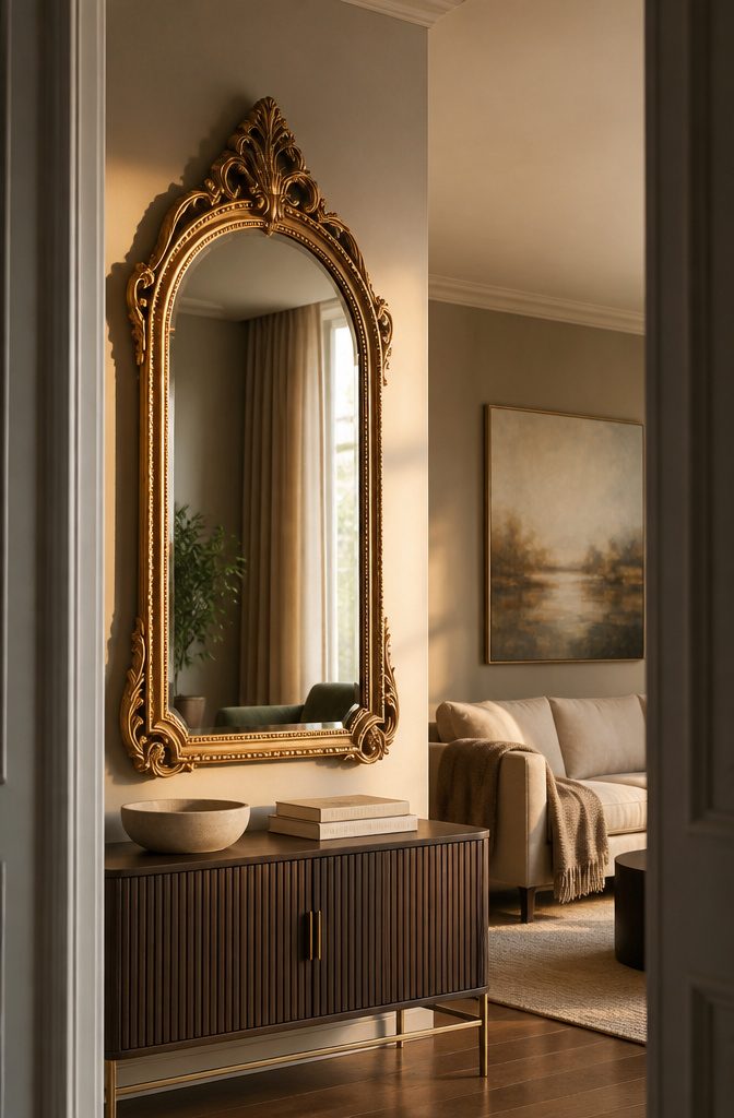 17 Ways to Decorate a Mirror Frame (Materials & Methods) 15 Arched mirror frame with decorative resin ornaments and gold finish
