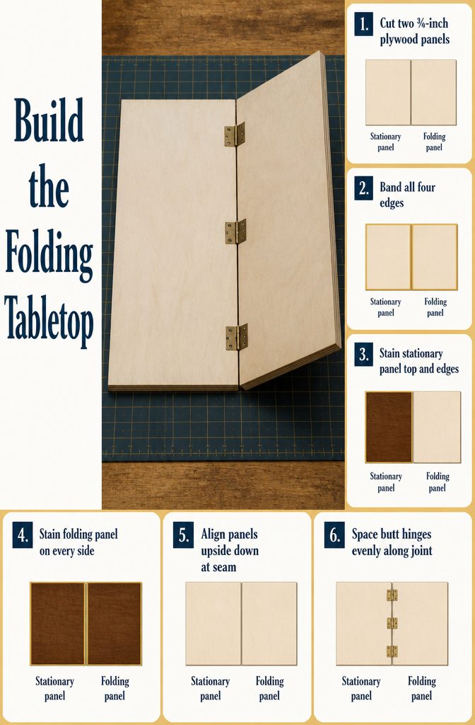 Plywood tabletop panels joined along one edge with butt hinges