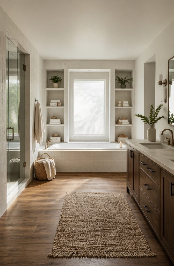 10 Built-In Bathroom Storage Ideas for 2026 3 Open shelving around a bathtub with towels and bath products.
