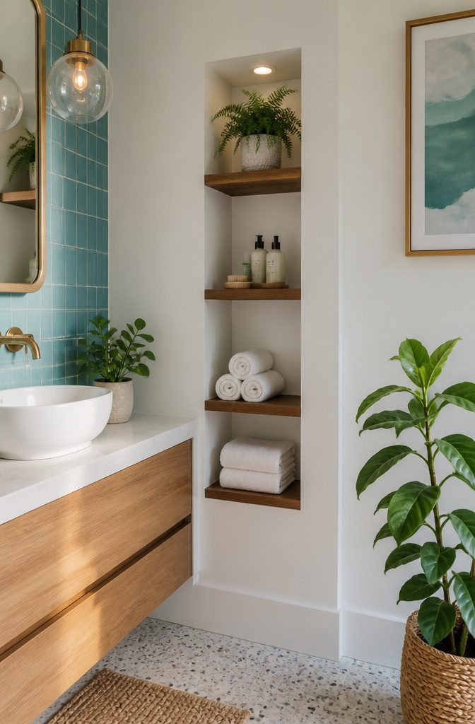 10 Built-In Bathroom Storage Ideas for 2026 10 Cubbies with wood shelves for towels and skincare products.