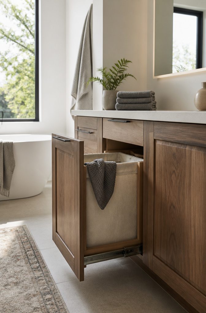 10 Built-In Bathroom Storage Ideas for 2026 7 A cabinet with a pull-out laundry hamper in a bathroom.