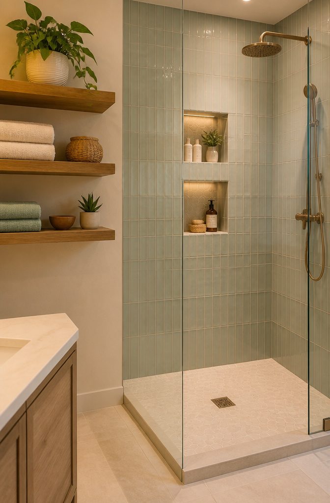 10 Small Bathroom Shower Ideas for 2026 Renovations 4 Recessed niches integrated into shower walls for storage of bath products.