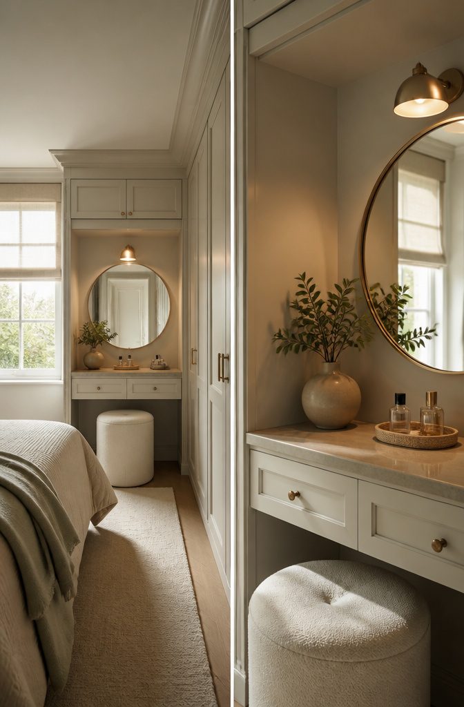 Custom built-in vanity with cabinets and filler panels.