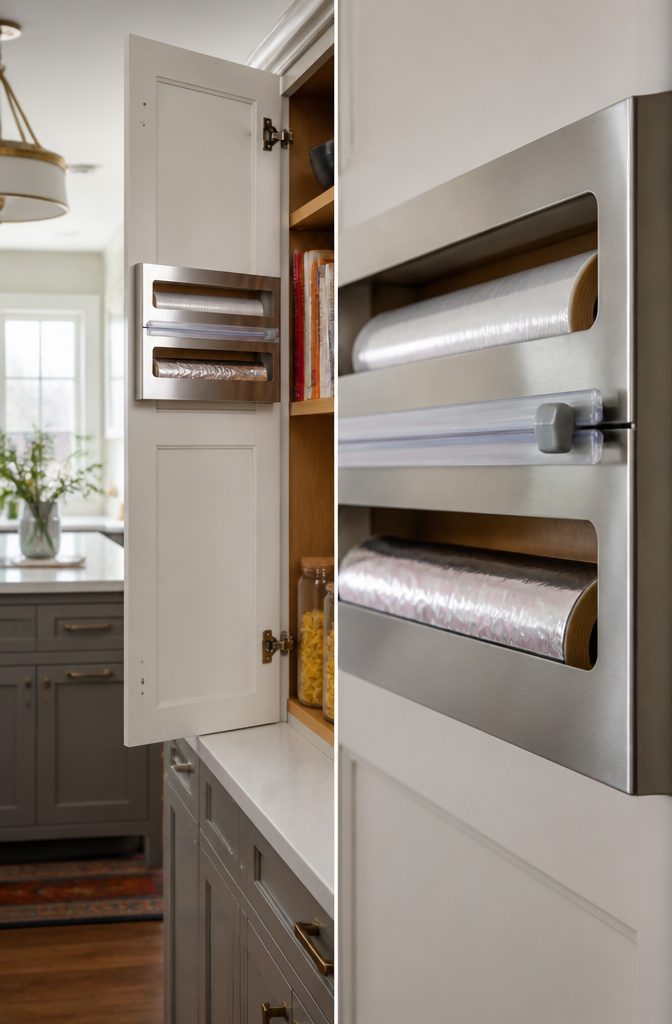 10 Plastic Wrap Storage Ideas for Organized Kitchens in 2026 5 A cabinet door features a mounted organizer for plastic wrap and foil.