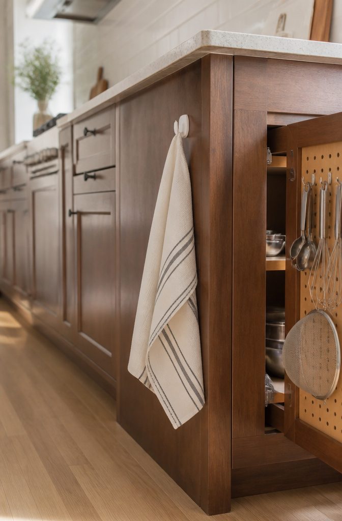 A hook mounted on the side of a cabinet with a towel hanging.