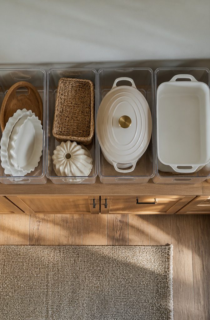 Bins on top of kitchen cabinets for storing infrequently used items.