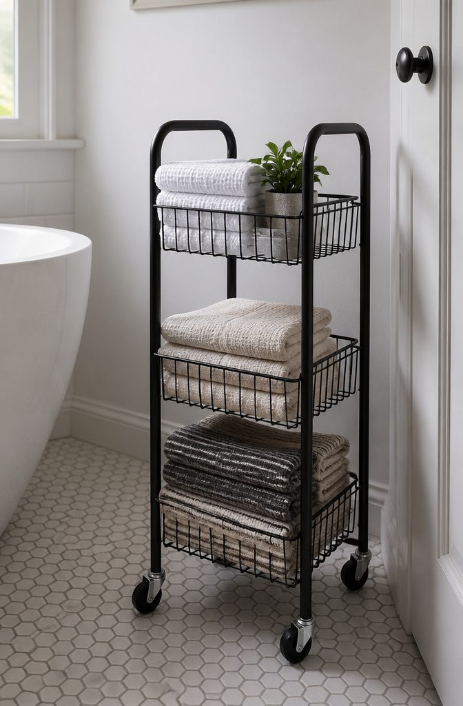 Three-tier rolling trolley with rolled towels and bathroom supplies