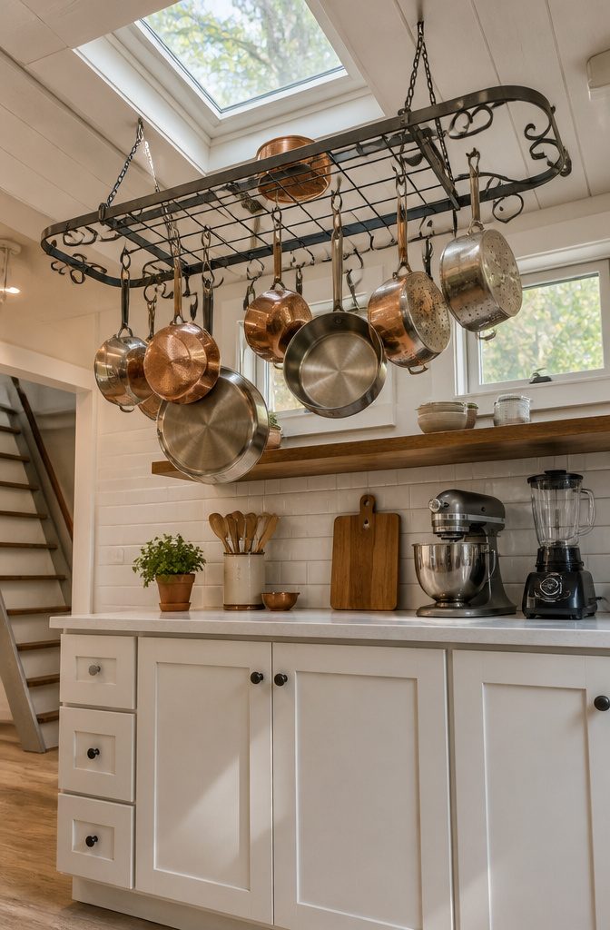 10 Tiny Home Space Saving Ideas: Storage and Layout Solutions 8 A pot rack hanging above a kitchen island, displaying cookware neatly.