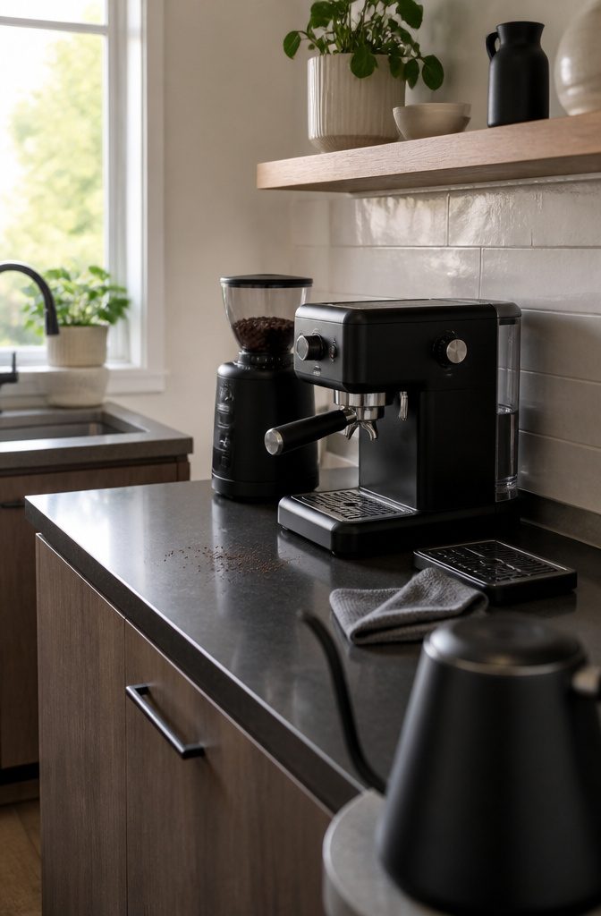 Coffee grinder beside machine with removable tank and clear counter space