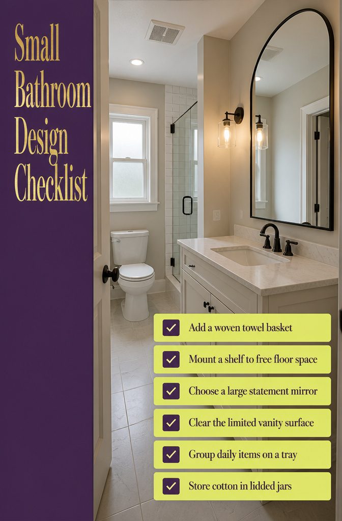 19 Ways to Style a Bathroom Without a Full Remodel 24 Small bathroom with a wall shelf, woven basket, and arched mirror