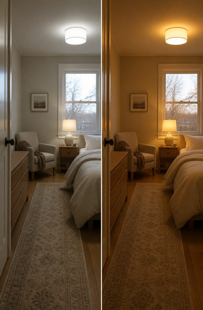 Bedroom lamp with a fabric shade casting warm light beside the bed