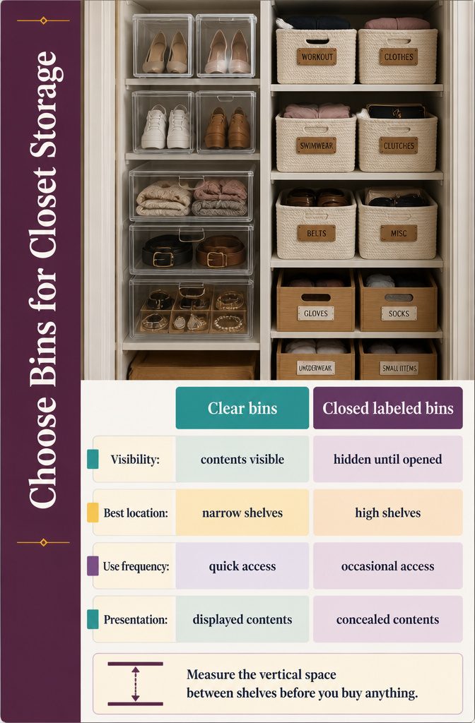 How to Make More Closet Space: 12 Methods That Work 9 Clear storage boxes and labeled bins arranged on closet shelves