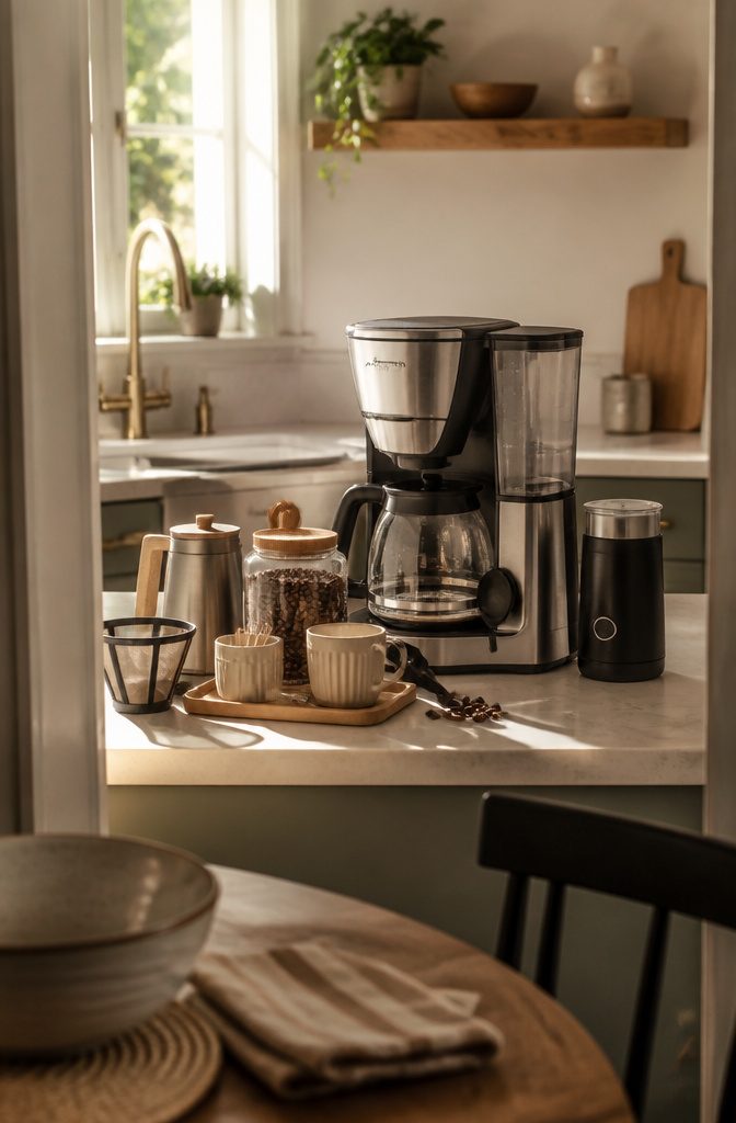 Coffee brewer with mugs, coffee, and drink supplies