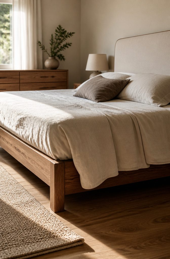 Bedroom with sturdy bed frame, mattress, simple headboard, and layered linens