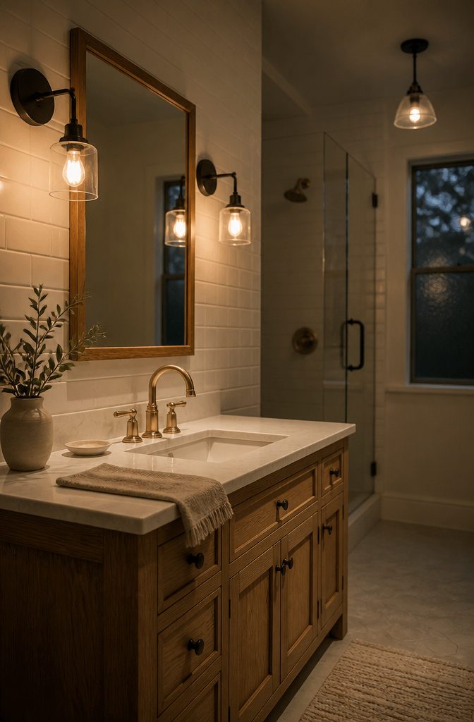 Black metal bathroom sconces beside a mirror above the vanity