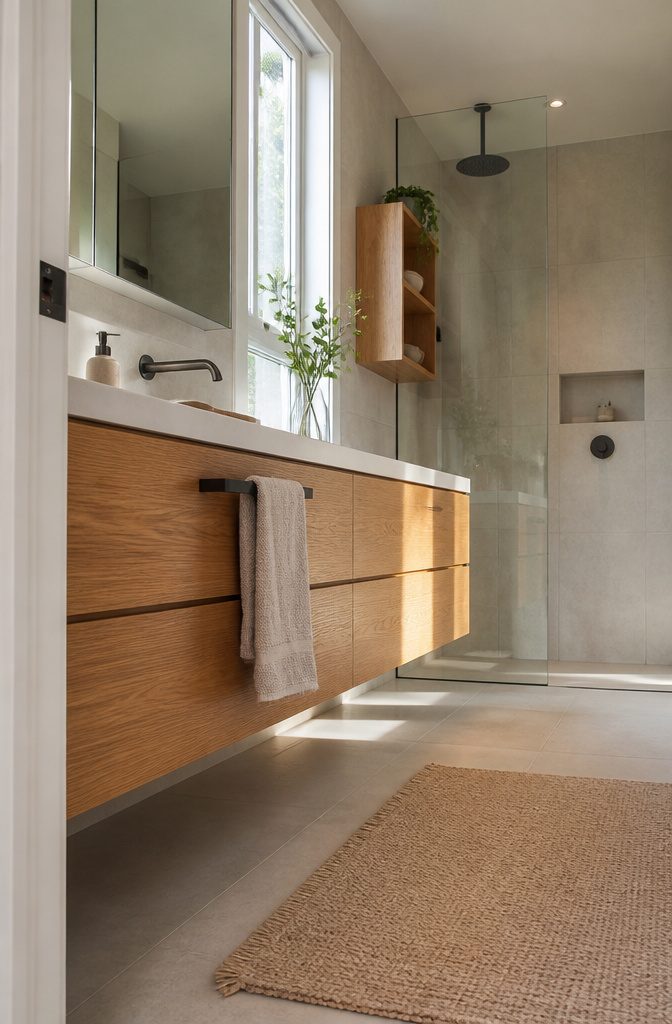 18 Ways to Style a Modern Bathroom 9 Floating wood vanity mounted above visible bathroom flooring