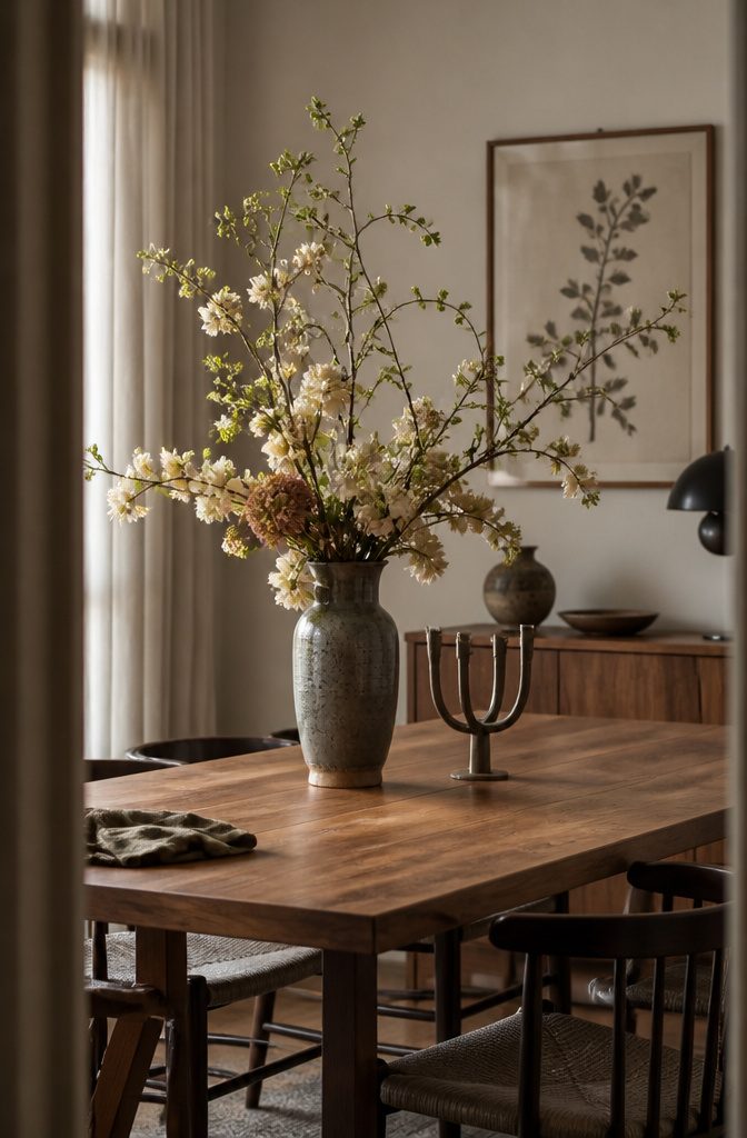 17 Ways to Decorate a Dining Table (With Style Tips) 2 Dining table with a sculptural centerpiece set at its center