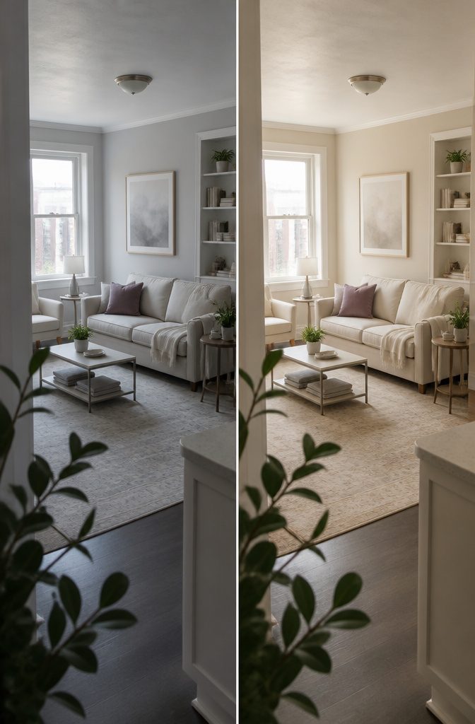 15 Ways to Decorate Small Apartments That Feel Open 7 Small apartment room with white cream and pale gray furnishings