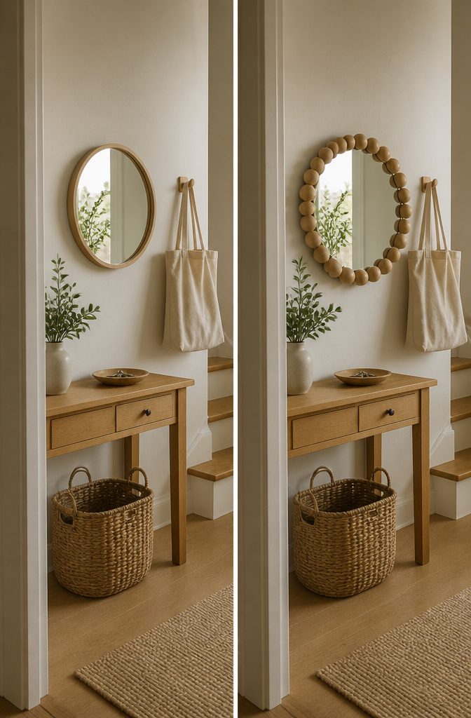 Round framed mirror above a narrow console table