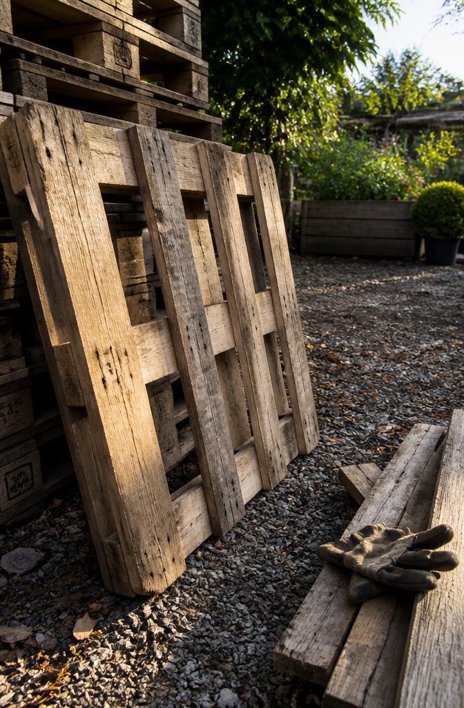 How to Build a Garden Shed from Pallets: 7 Steps 9 Weathered pallet with a visible HT stamp beside loose boards and work gloves